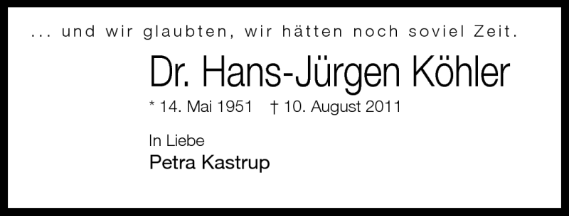  Traueranzeige für Hans-Jürgen Köhler vom 13.08.2011 aus Neue Westfälische