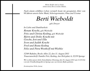 Traueranzeige von Berti Wieboldt von Neue Westfälische
