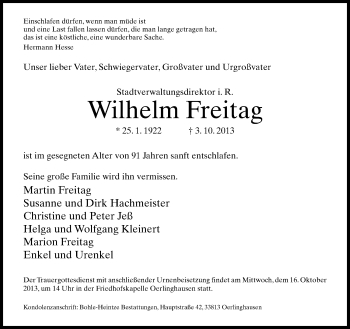 Traueranzeige von Wilhelm Freitag von Neue Westfälische