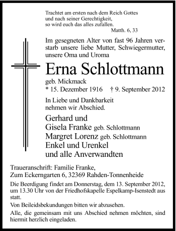 Traueranzeige von Erna Schlottmann von Neue Westfälische