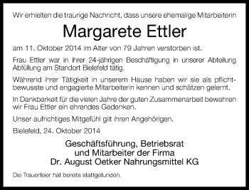 Traueranzeige von Margarete Ettler von Neue Westfälische