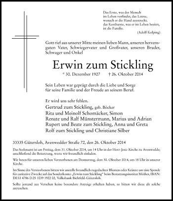 Traueranzeige von Erwin  zum Stickling von Neue Westfälische