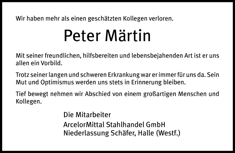  Traueranzeige für Peter Märtin vom 17.08.2011 aus Neue Westfälische