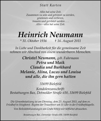 Traueranzeige von Heinrich Neumann von Neue Westfälische