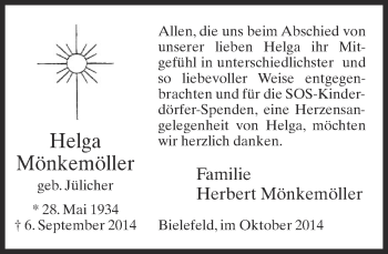 Traueranzeige von Helga Mönkemöller von Neue Westfälische