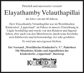 Traueranzeige von Elayathamby Velauthapillai von Neue Westfälische