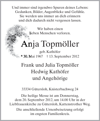 Traueranzeige von Anja Toppmöller von Neue Westfälische