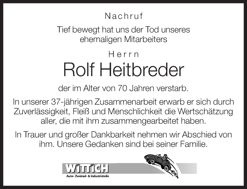  Traueranzeige für Rof Heitbreder vom 19.10.2013 aus Neue Westfälische