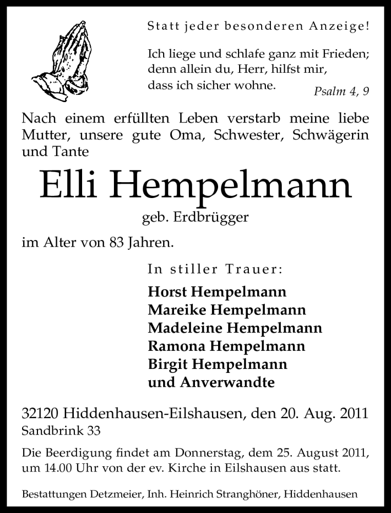  Traueranzeige für Elli Hempelmann vom 22.08.2011 aus Neue Westfälische