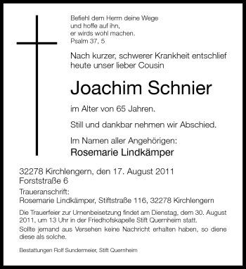 Traueranzeige von Joachim Schnier von Neue Westfälische