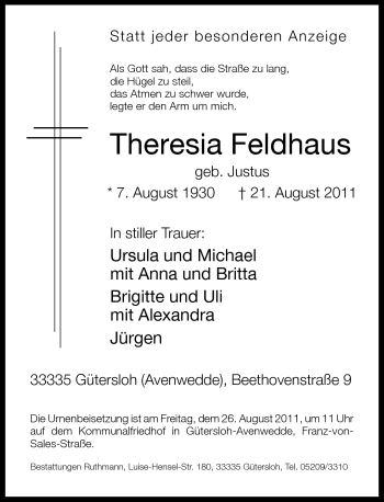 Traueranzeige von Theresia Feldhaus von Neue Westfälische