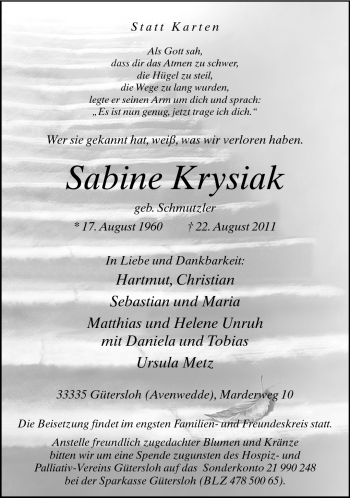 Traueranzeige von Sabine Krysiak von Neue Westfälische