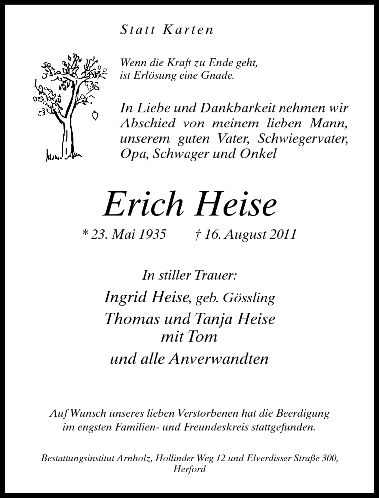  Traueranzeige für Erich Heise vom 24.08.2011 aus Neue Westfälische