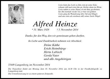 Traueranzeige von Alfred Heinze von Neue Westfälische