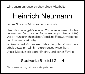 Traueranzeige von Heinrich Neumann von Neue Westfälische