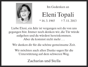 Traueranzeige von Eleni Topali von Neue Westfälische