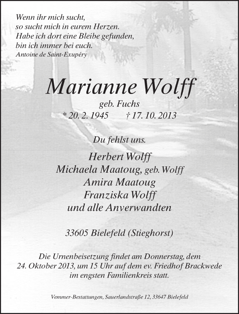  Traueranzeige für Marianne Wolff vom 19.10.2013 aus Neue Westfälische