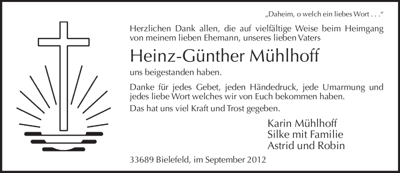  Traueranzeige für Heinz-Günther  Mühlhoff vom 22.09.2012 aus Neue Westfälische