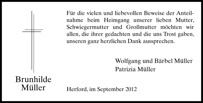  Traueranzeige für Brunhilde Müller vom 22.09.2012 aus Neue Westfälische