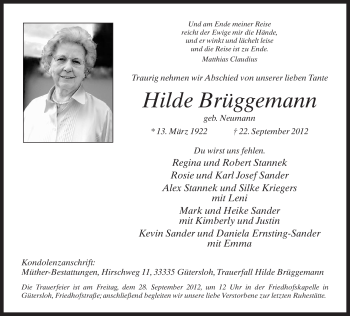 Traueranzeige von Hilde Brüggemann von Neue Westfälische