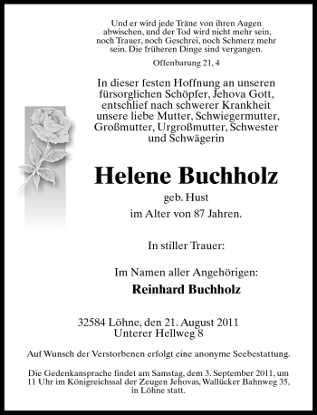 Traueranzeige von Helene Buchholz von Neue Westfälische