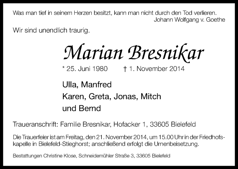  Traueranzeige für Marian Bresnikar vom 11.11.2014 aus Neue Westfälische