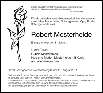 Traueranzeige von Robert Mesterheine von Neue Westfälische