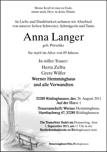 Traueranzeige von Anna Langer von Neue Westfälische