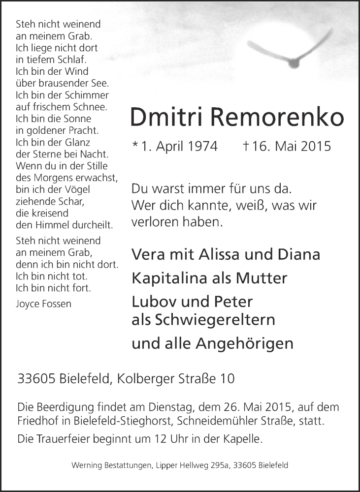  Traueranzeige für Dmitri Remorenko vom 22.05.2015 aus Neue Westfälische