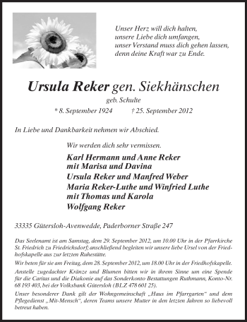 Traueranzeige von Ursula Reker von Neue Westfälische