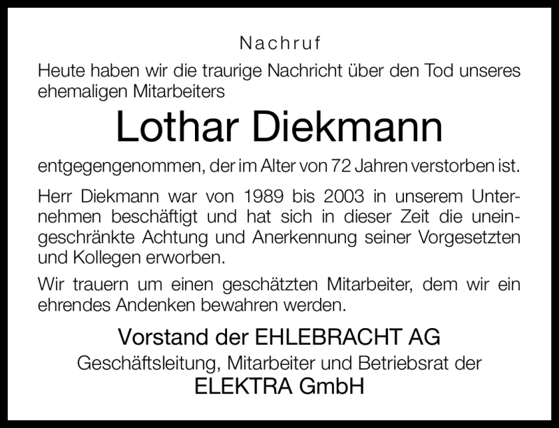  Traueranzeige für Lothar Diekmann vom 29.09.2012 aus Neue Westfälische