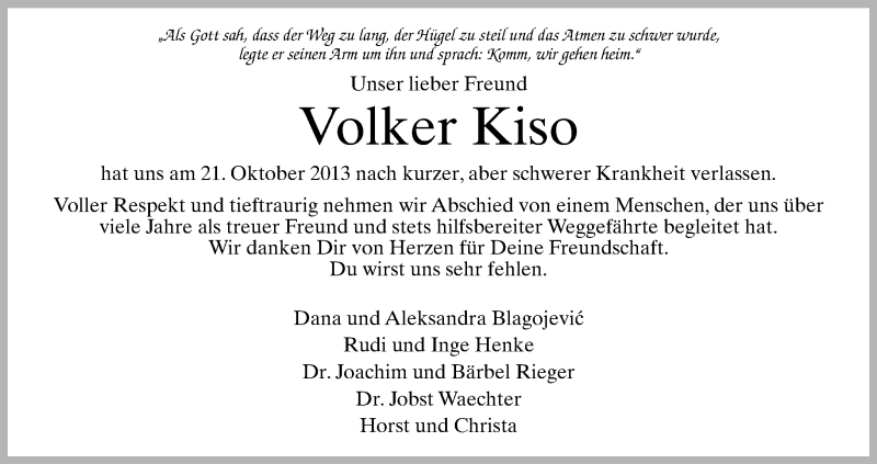  Traueranzeige für Volker Kiso vom 26.10.2013 aus Neue Westfälische