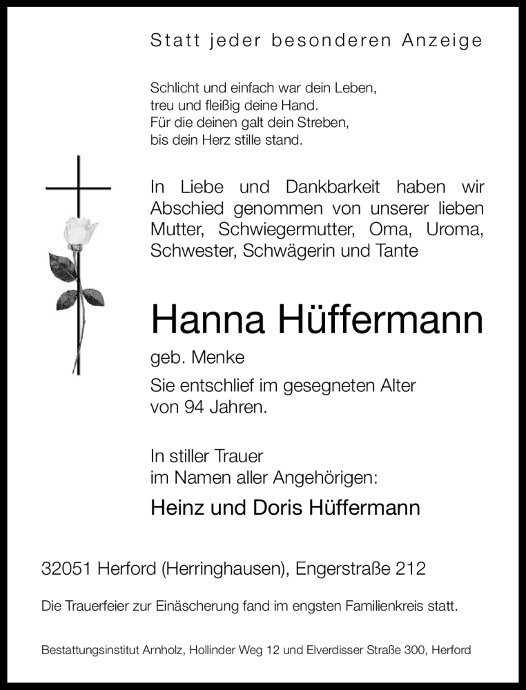  Traueranzeige für Hanna Hüffermann vom 29.09.2012 aus Neue Westfälische