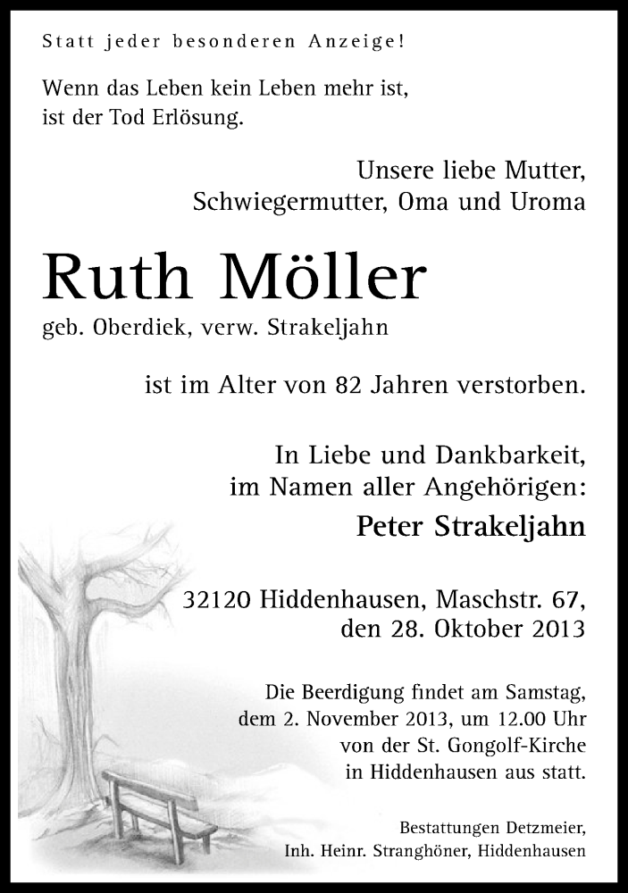  Traueranzeige für Ruth Möller vom 30.10.2013 aus Neue Westfälische