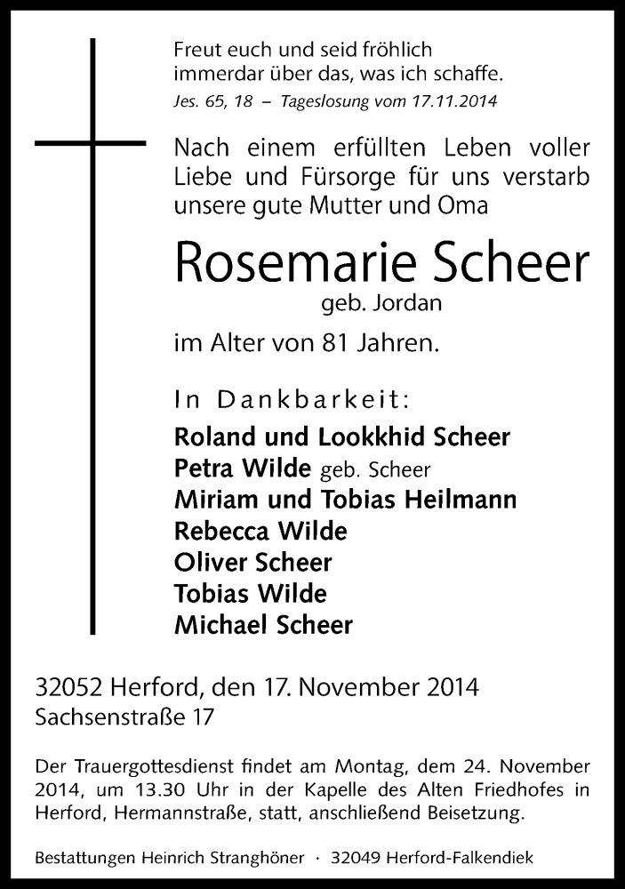  Traueranzeige für Rosemarie Scheer vom 19.11.2014 aus Neue Westfälische