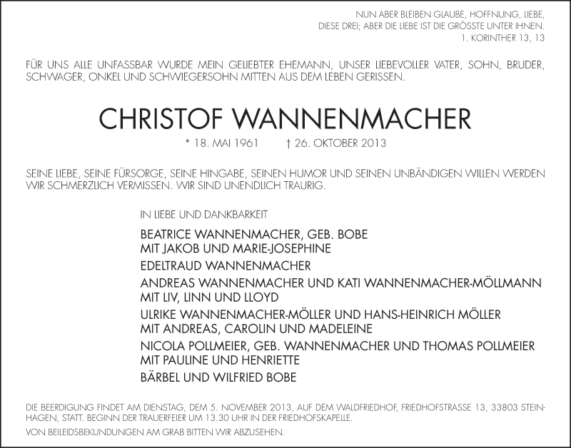  Traueranzeige für Christof Wannenmacher vom 31.10.2013 aus Neue Westfälische