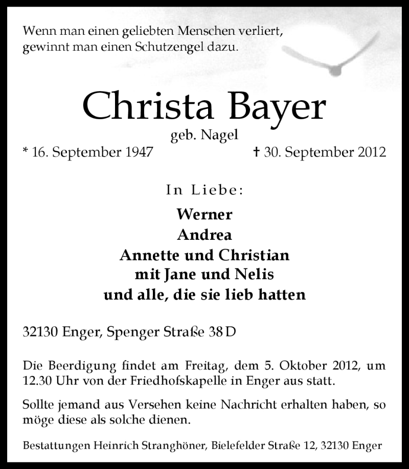  Traueranzeige für Christa Bayer vom 02.10.2012 aus Neue Westfälische