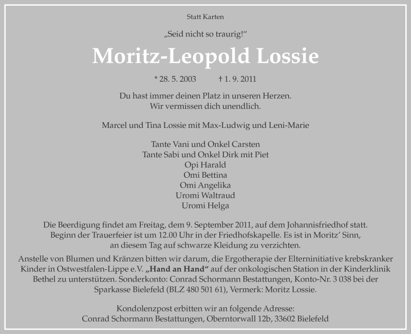  Traueranzeige für Moritz-Leopold Lossie vom 03.09.2011 aus Neue Westfälische
