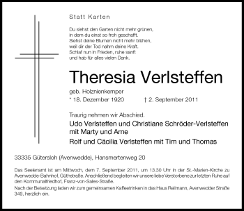 Traueranzeige von Theresia Verlsteffen von Neue Westfälische