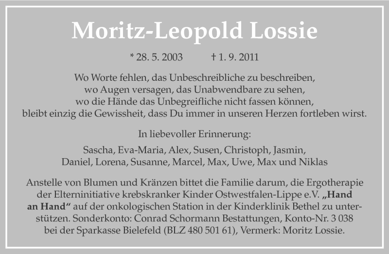  Traueranzeige für Moritz-Leopold Lossie vom 03.09.2011 aus Neue Westfälische