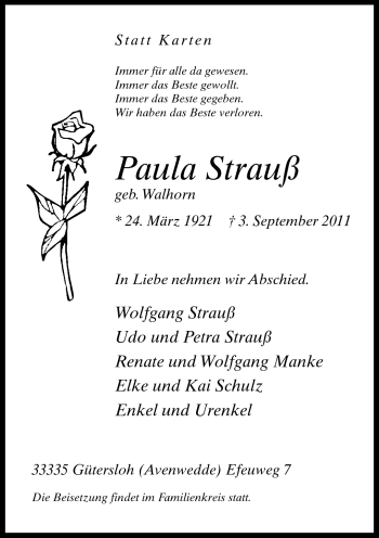 Traueranzeige von Paula Strauß von Neue Westfälische