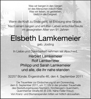 Traueranzeige von Elsbeth Lamkemeier von Neue Westfälische