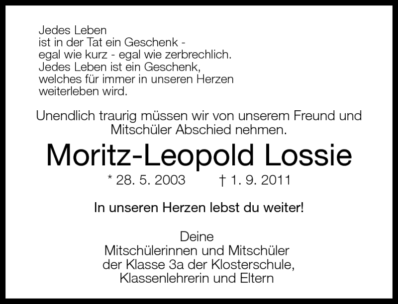  Traueranzeige für Moritz-Leopold Lossie vom 08.09.2011 aus Neue Westfälische