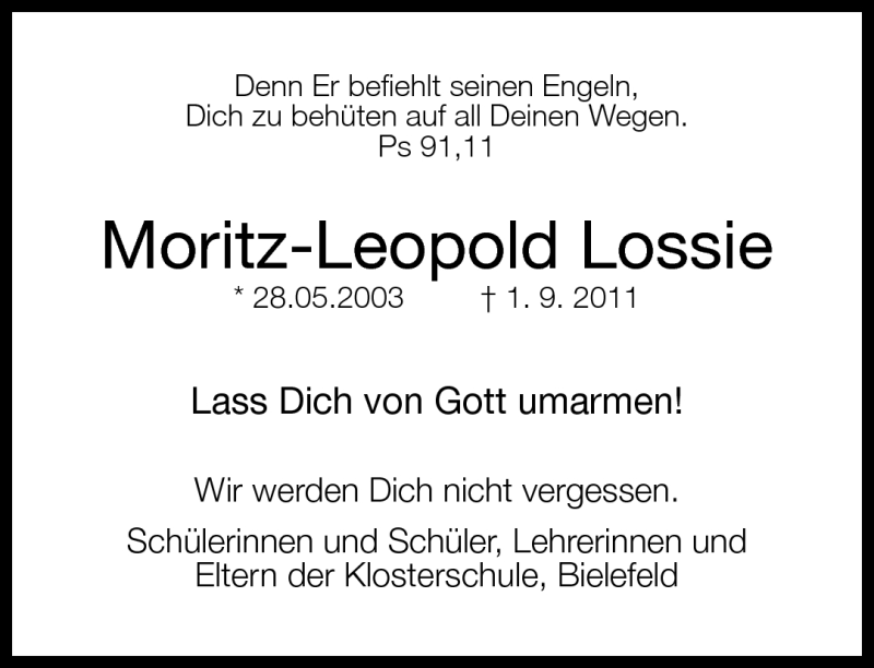  Traueranzeige für Moritz-Leopold Lossie vom 08.09.2011 aus Neue Westfälische