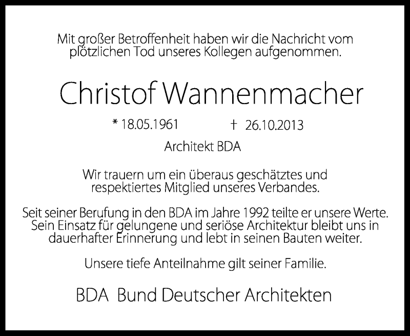  Traueranzeige für Christof Wannenmacher vom 05.11.2013 aus Neue Westfälische