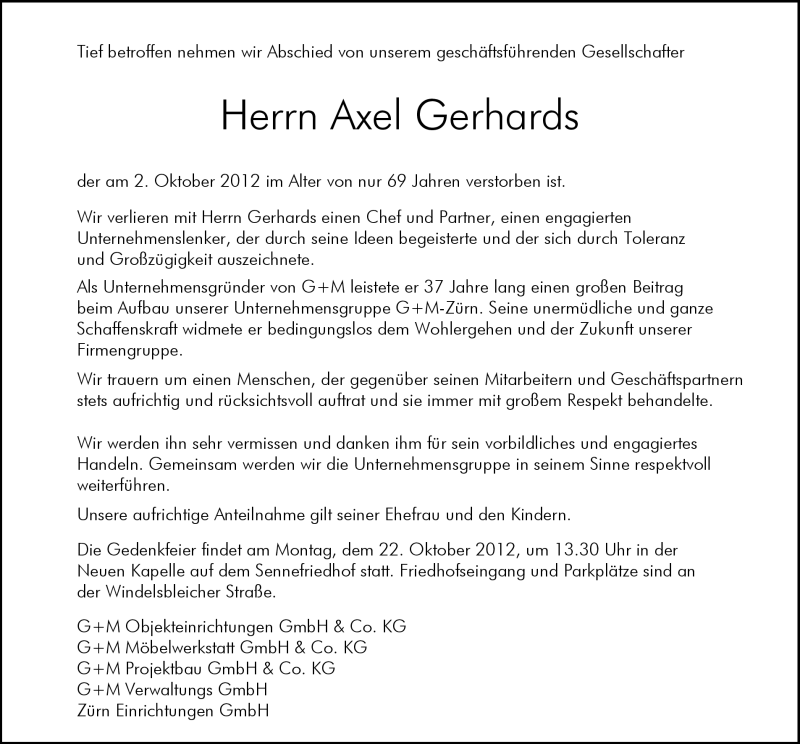 Traueranzeige für Axel Gerhards vom 06.10.2012 aus Neue Westfälische