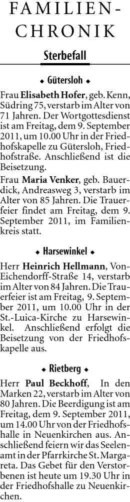  Traueranzeige für Elisabeth Hofer vom 08.09.2011 aus Neue Westfälische