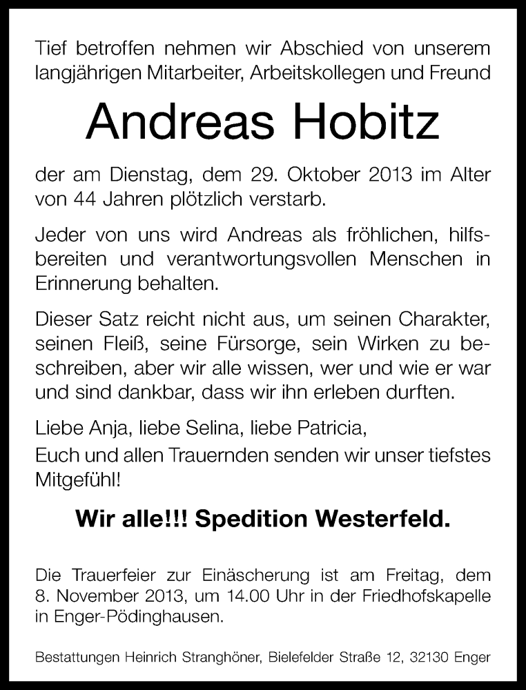  Traueranzeige für Andreas Hobitz vom 06.11.2013 aus Neue Westfälische