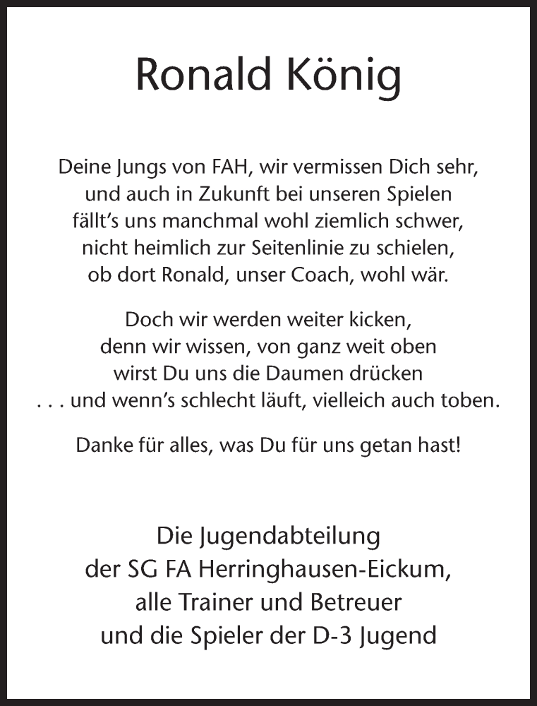  Traueranzeige für Ronald König vom 09.11.2013 aus Neue Westfälische