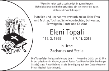 Traueranzeige von Eleni Topali von Neue Westfälische